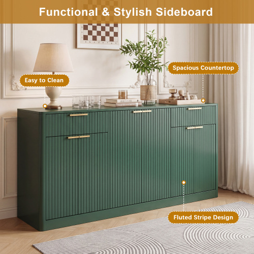 67" Fluted Buffet Sideboard, Modern Wine Bar Cabinet with 6 Doors & 2 Drawers, Coffee Bar Credenza for Dining Room, Living Room, Entryway, Dark green