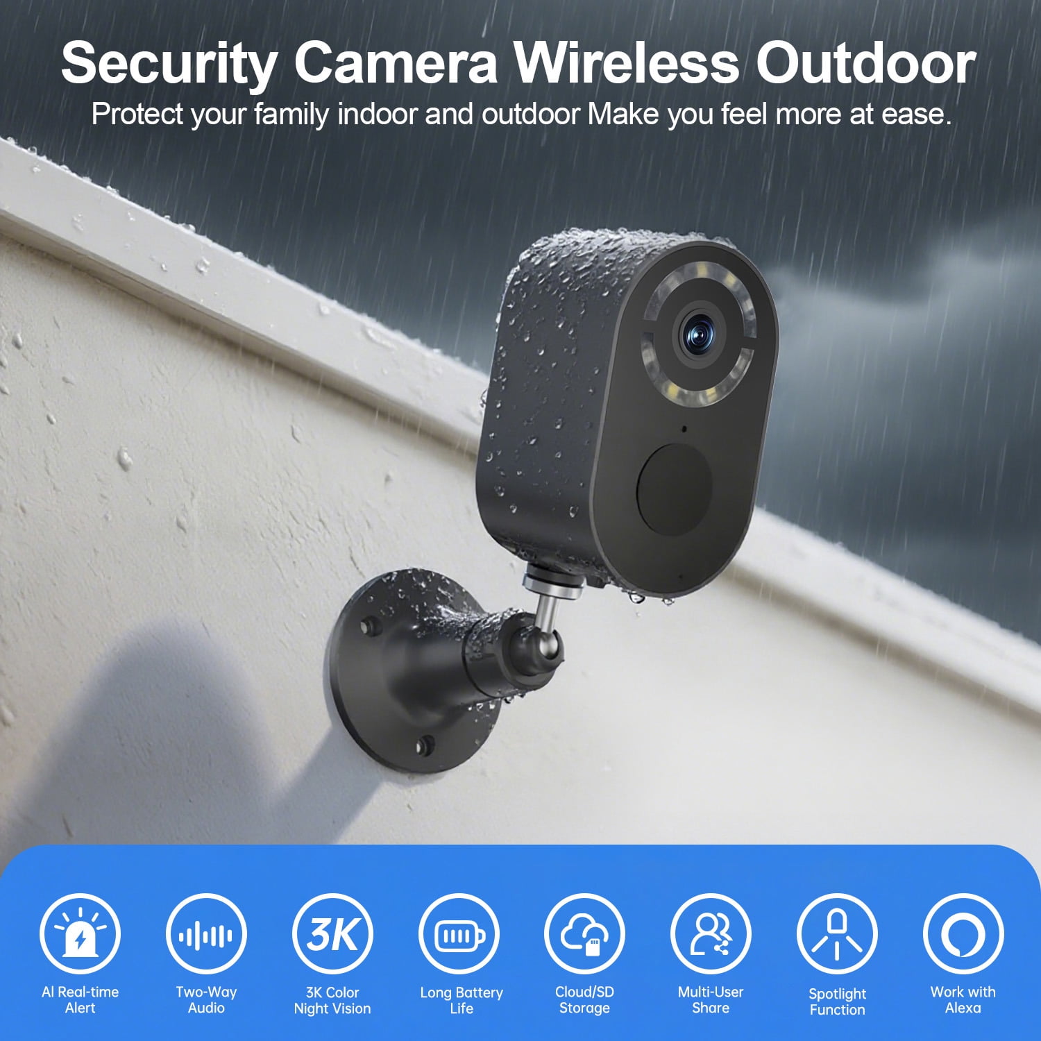 Jqimn 2K Solar Security Camera, 2.4GHz WiFi Security Cameras Wireless Outdoor, Battery Powered Cameras for Home Security, Color Night Vision, 2-Way Audio, Waterproof