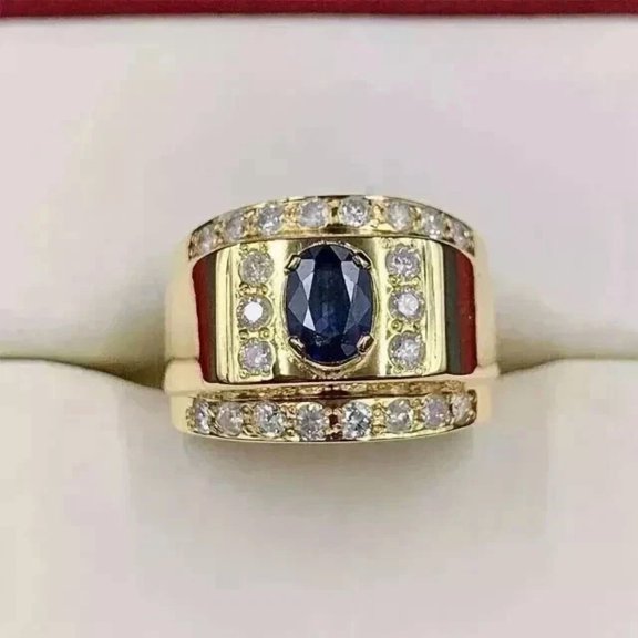 2Ct Oval Cut Simulated Blue Sapphire Men's Engagement Ring 14K Yellow Gold Plated 925 Sterling Silver For Wedding