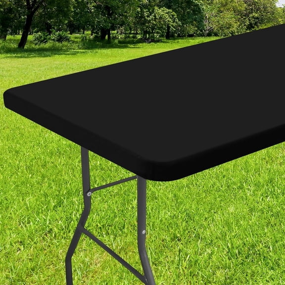 Rectangle Tablecloth, Elastic Fitted Flannel Backed Vinyl, Waterproof Wipeable Table Cover for Indoor, Outdoor, Picnic and Camping (Black)