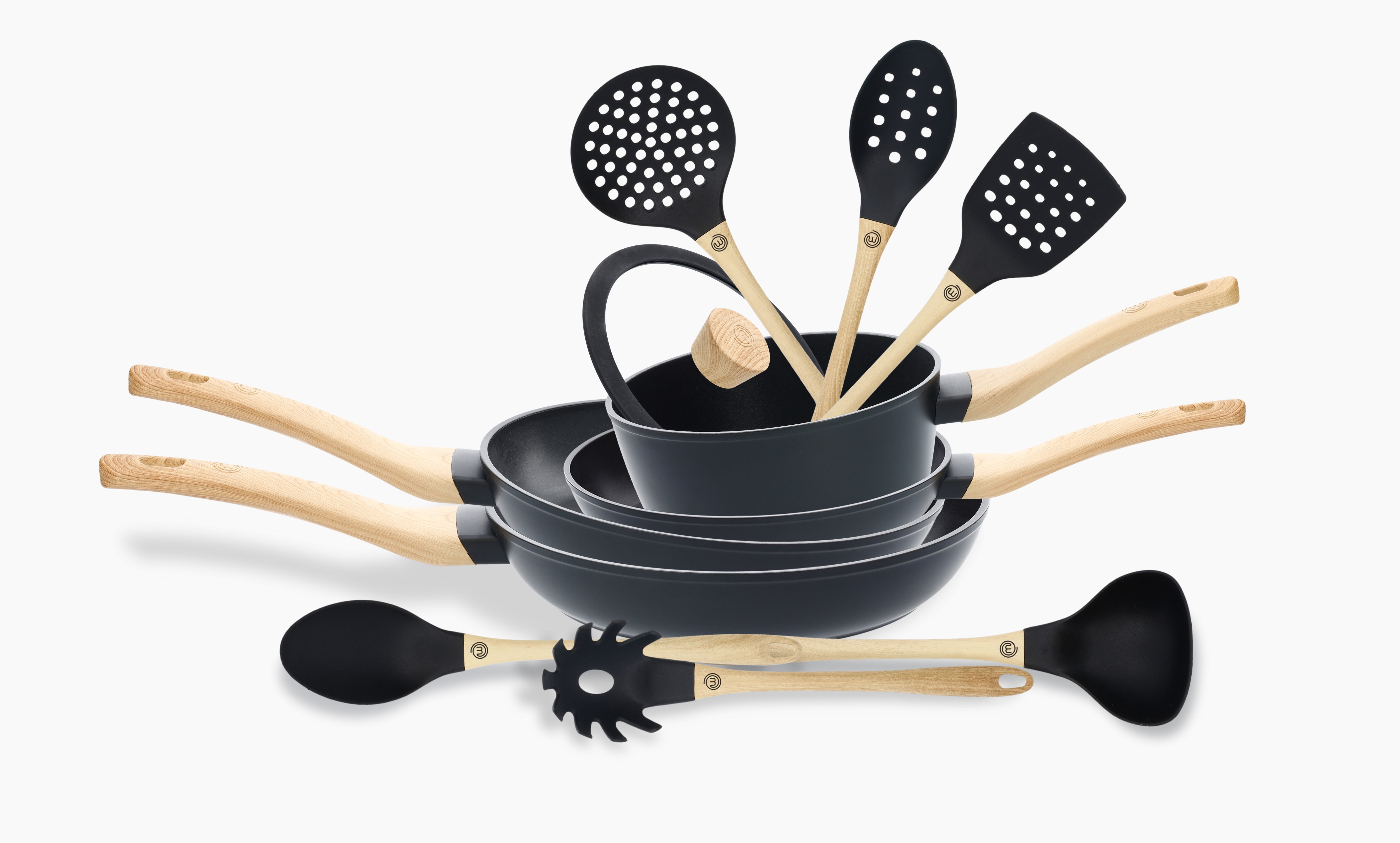 MasterChef 11-Piece Cookware Set Incl: 8" Sauce Pan w/ Glass Lid & Frying Pans (8, 10", 12") & Utensil Set w/ Ergonomic Soft-Touch Handles, Silicone Rim, ILAG Swiss Engineered Non-Stick Coating