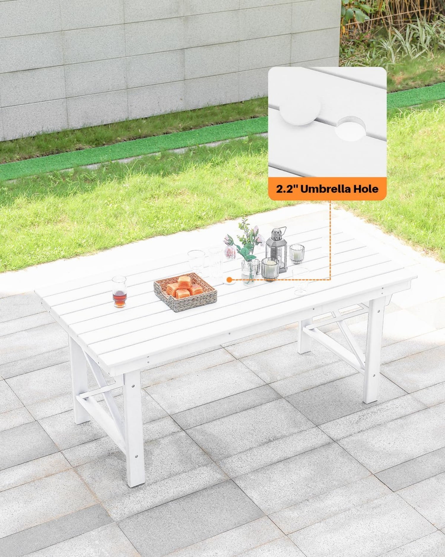 HDPE Outdoor Dining Table for 6, 66.9" Rectangular Patio Dining Table with 2.2" Umbrella Hole, All-Weather Outdoor Table for Backyard, Deck, Garden, Poolside, Pearl