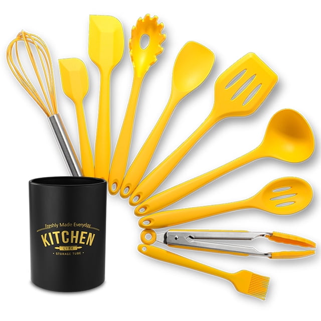 Moobody Ensemble de Vaisselle en Silicone 10 Pcs Ustensiles de Cuisine en Silice Résistant à la Chaleur avec Baril de Rangement