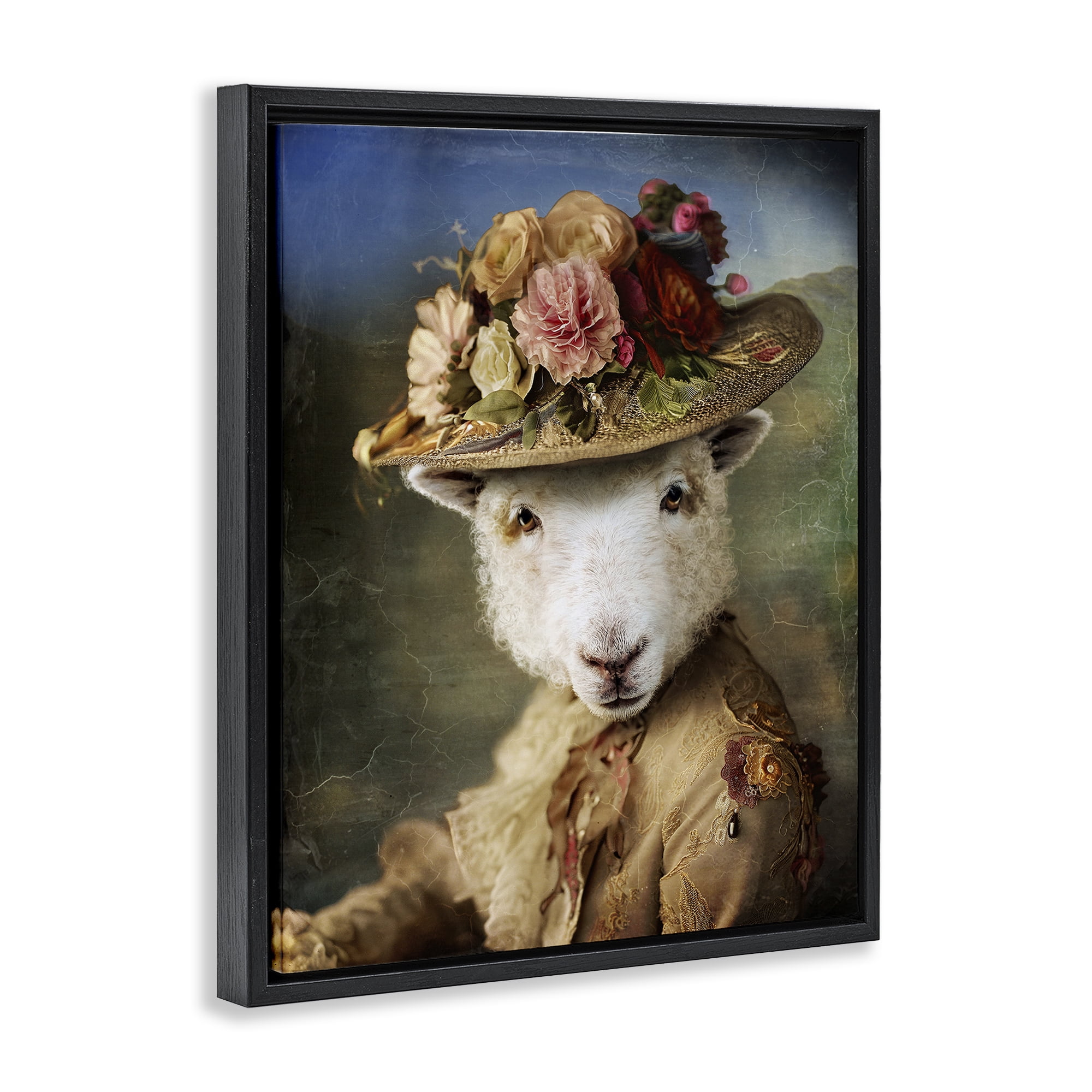 Stupell Industries Lamb with Floral Hat Animals & Insects Painting Black Floater Framed Canvas Art Print Wall Art, 17 x 21