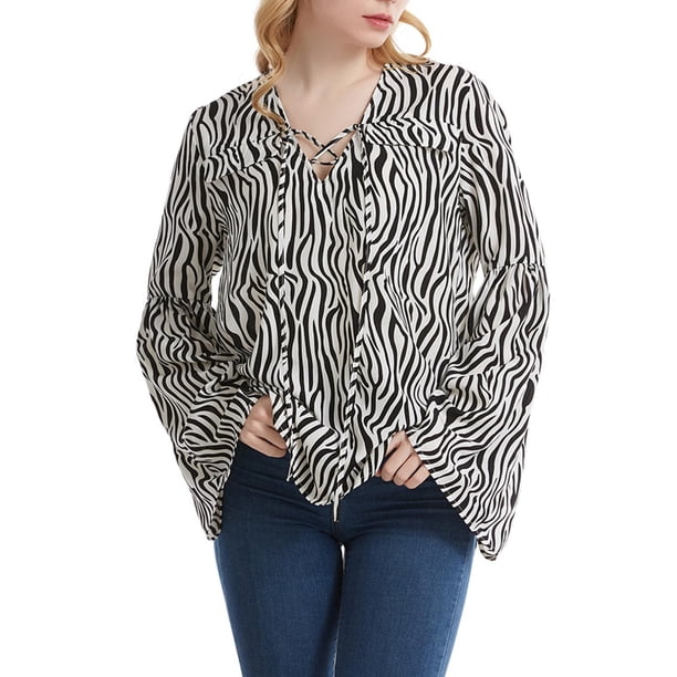 Xuyuer Womens Deep V Neck Blouse Oversized Print Loose Long Sleeve Round-Neck Blouses Shirts Top