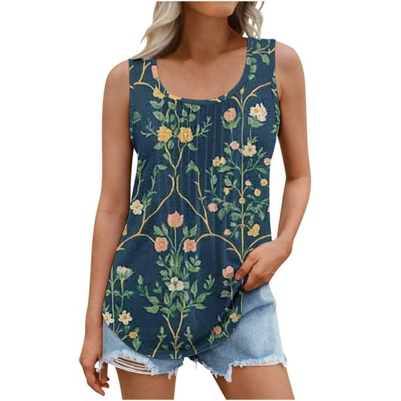 Tauxra Women's Casual Print Pleated Tunic Tops Short Sleeve Loose Blouse Crewneck Shirt with Pockets for Work Office Daily Wear