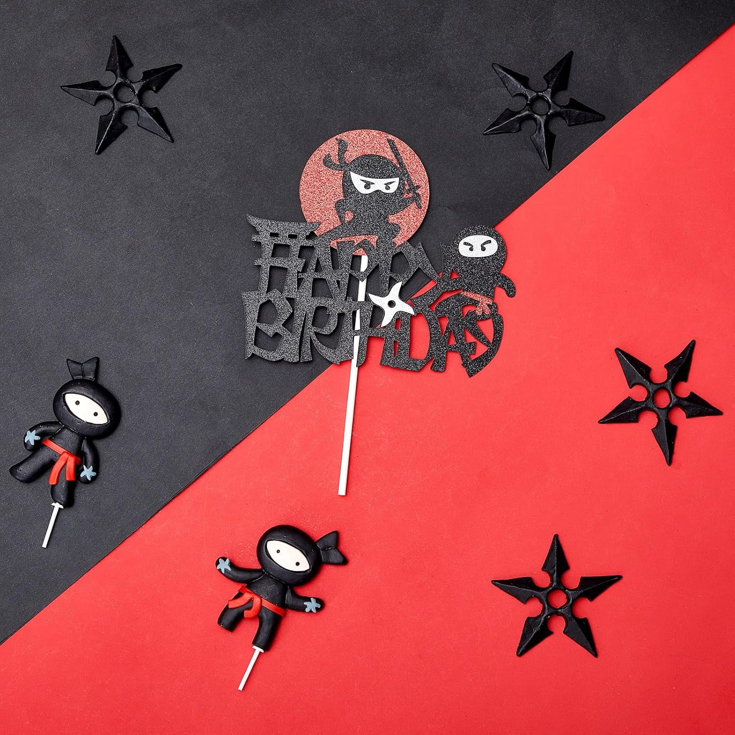 9 Pcs Ninja Happy Birthday Cake Toppers Black Red Glitter for Ninja Theme Birthday Party Karate Kung Fu Warriors Cake Decorations Supplies
