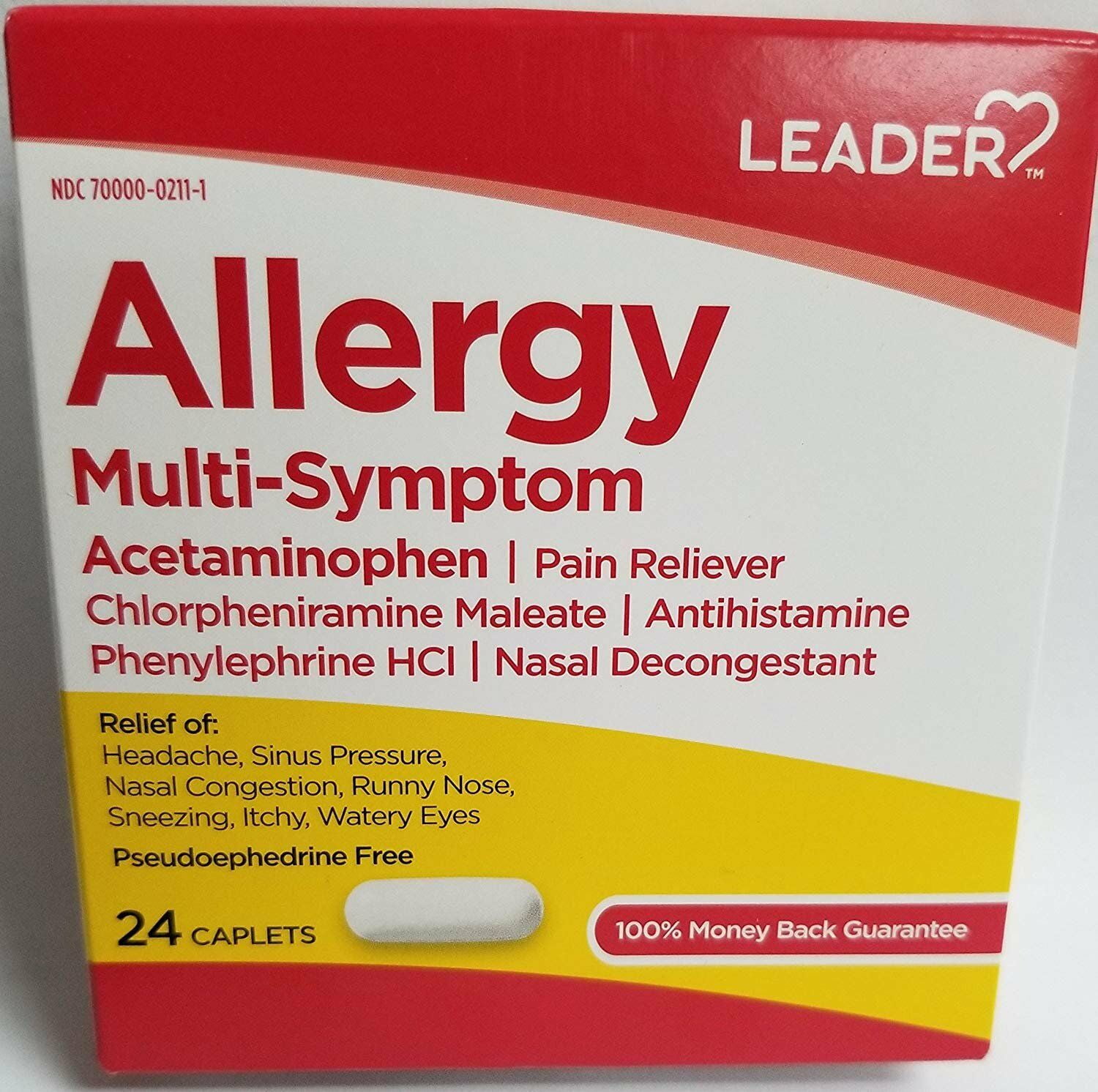Leader Allergy Multi Symptom Acetaminophen Pain Reliever Caplets, 24 ct