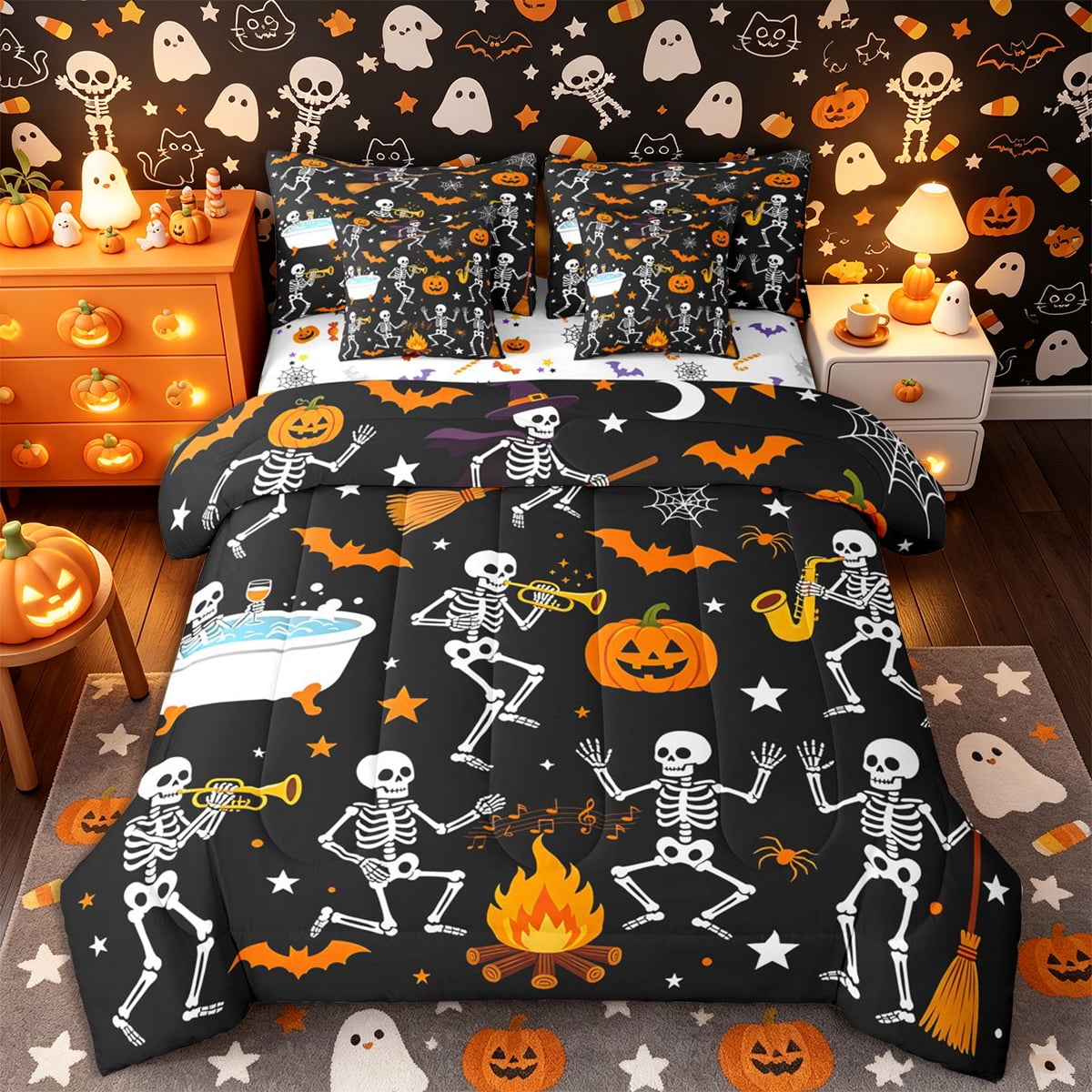 Castle Fairy Cute Gothic Skeleton Full Size Bedding Sets 7 Pieces Halloween Pumpkin Bat Full Size Bed in a Bag Orange White Black Reversible