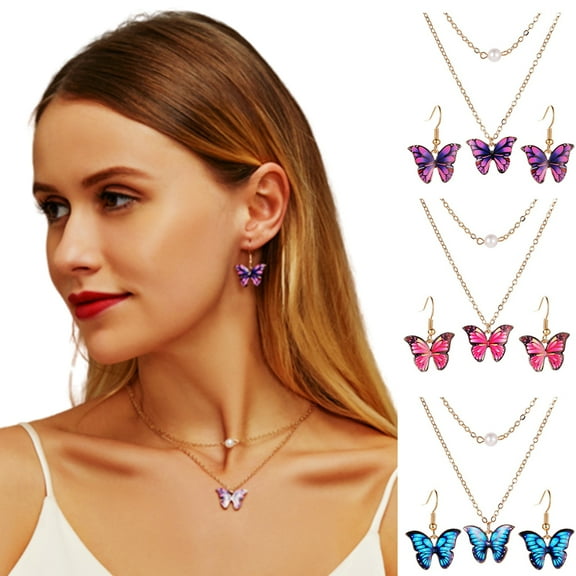 SPRING PARK 2PCS Fashion Butterfly 2-layer Enamel Pendant Necklace Earrings Set Women Jewelry
