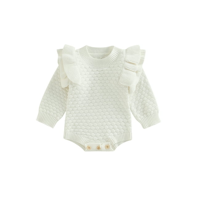 ZAXARRA Newborn Baby Girls Sweater Jumpsuits Solid Color Knitted Ruffle Long Sleeves Romper for Infant Toddler