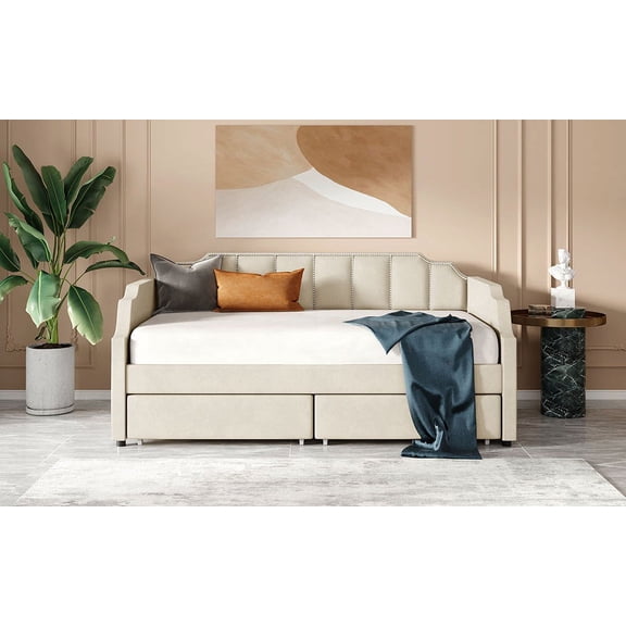 Adrinfly Twin Size Upholstered daybed with Drawers, Wood Slat Support, Beige