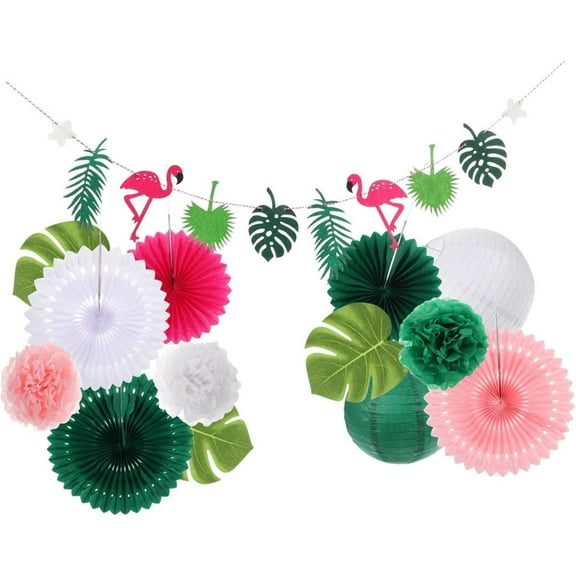 1 Set of Tropical Flamingo Palm Leaf Paper Fan Decoration, Suitable for Hawaiian Parties, Weddings, Birthdays, and Tropical Themed Party Decorations