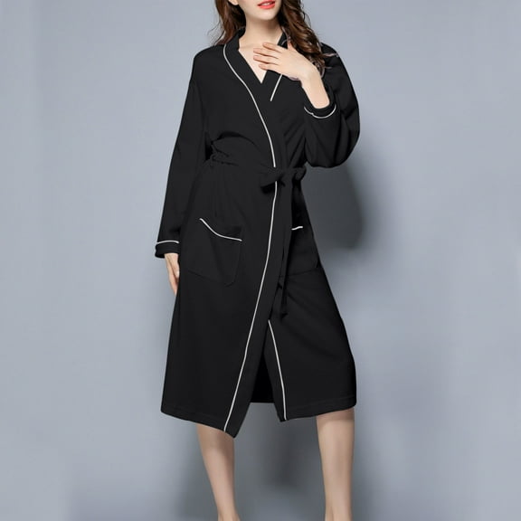 ITSAME Womens Robes, Solid Color Long Sleeve Keep Warm Bathrobes Homewear With Belt Black S