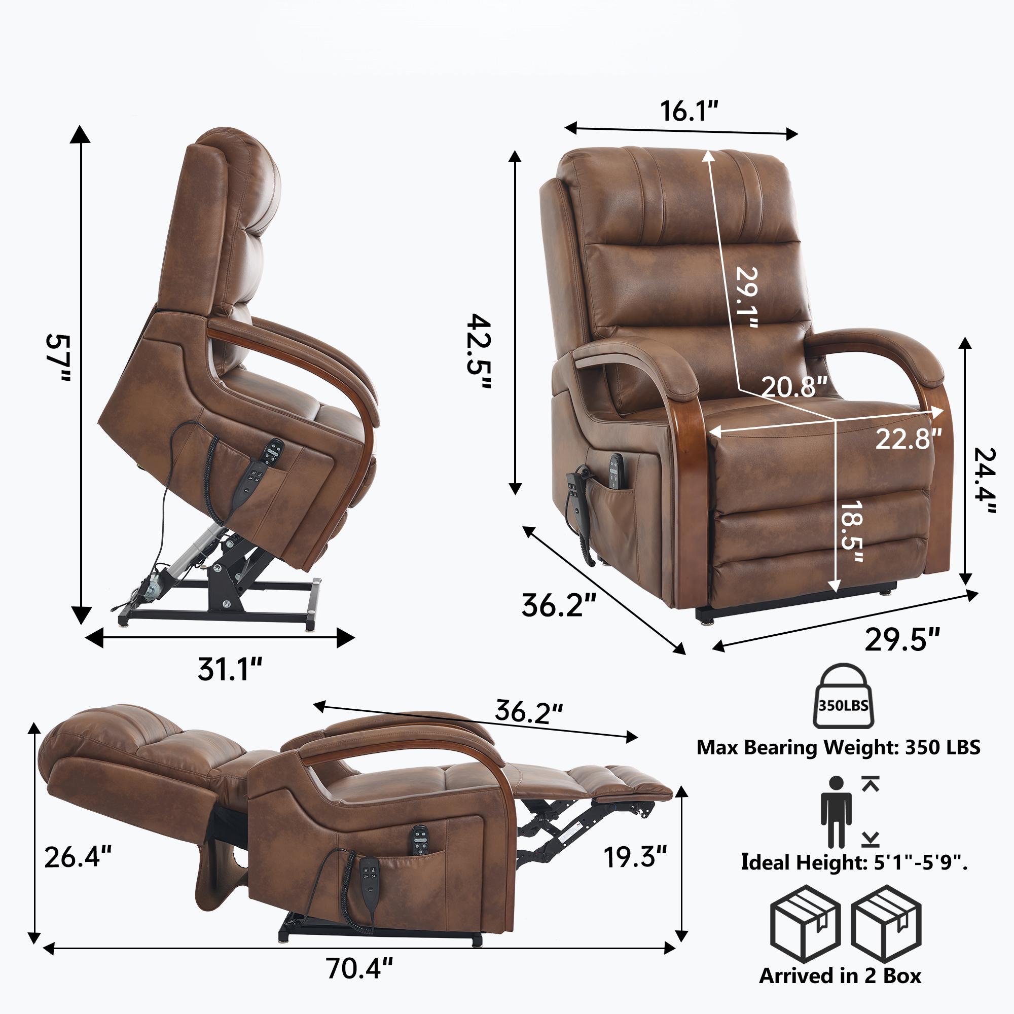Gewnee Power Lift Recliner Chair with Heat and Massage,Lay Flat Assist Recliner with Side Pocket & Solid Wood Armrest,Lift Chair for Living Room.Brown PU