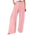 thumbnail image 3 of Nhthy Women's Summer Linen Loose Pants Straight Leg Trousers Button Elastic Waist Pockets Pink M, 3 of 9