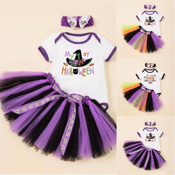 SOFTCCLO Baby Girl Halloween Outfit Print Short Sleeve Romper Tulle Tutu Skirt Clip 3 Piece Sets Size 0-3M