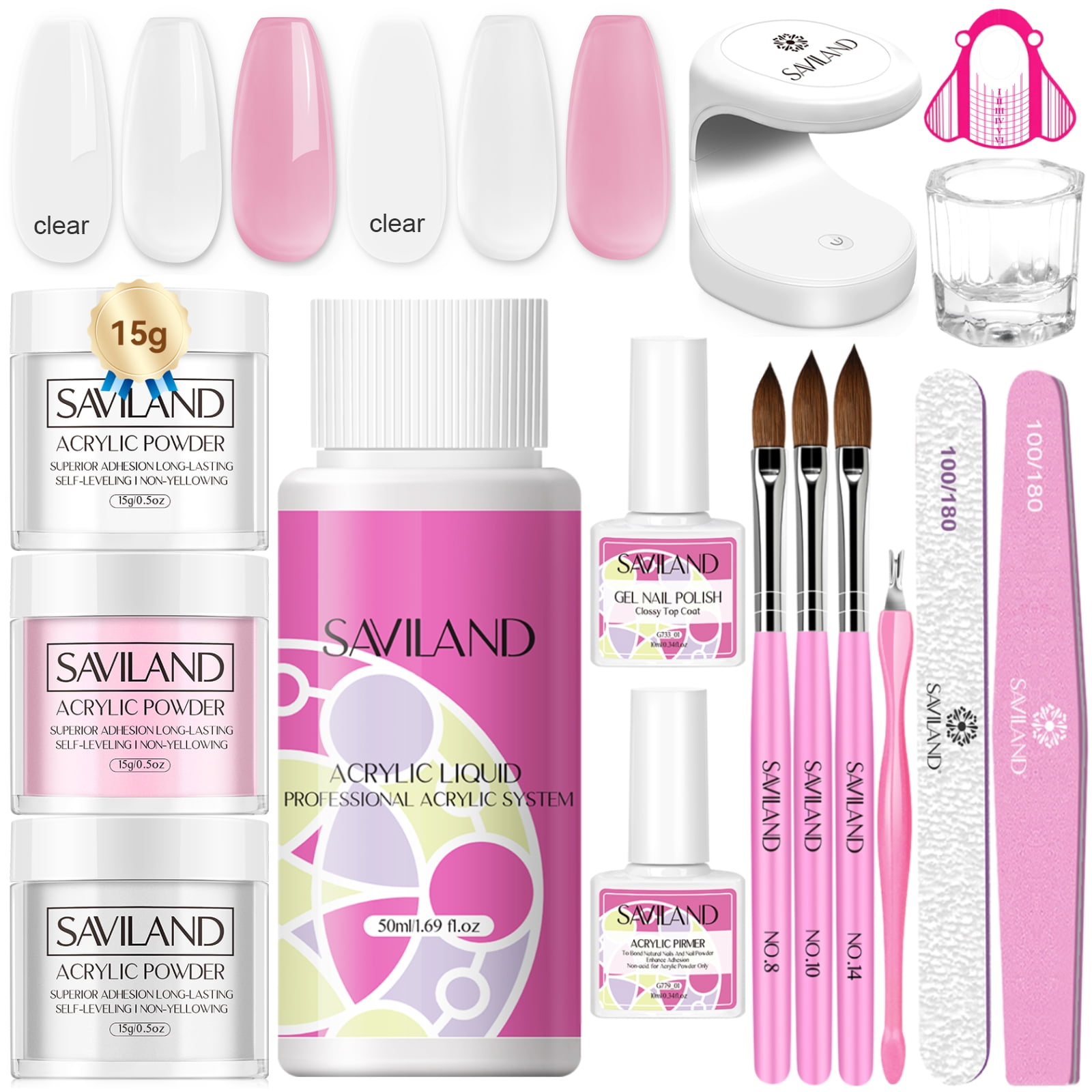 Saviland Acrylic Nail Kit Complete Set – Clear/White/Pink Acrylic ...