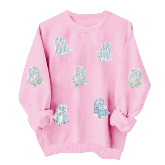 XSMGTUI Halloween Sweatshirt for Women Fall Spooky Season Ghost Long Sleeve Crewneck Casual Witch Pumpkin Bat Oversized Pullover Soft Comfortable Cute Vintage Graphic Tees