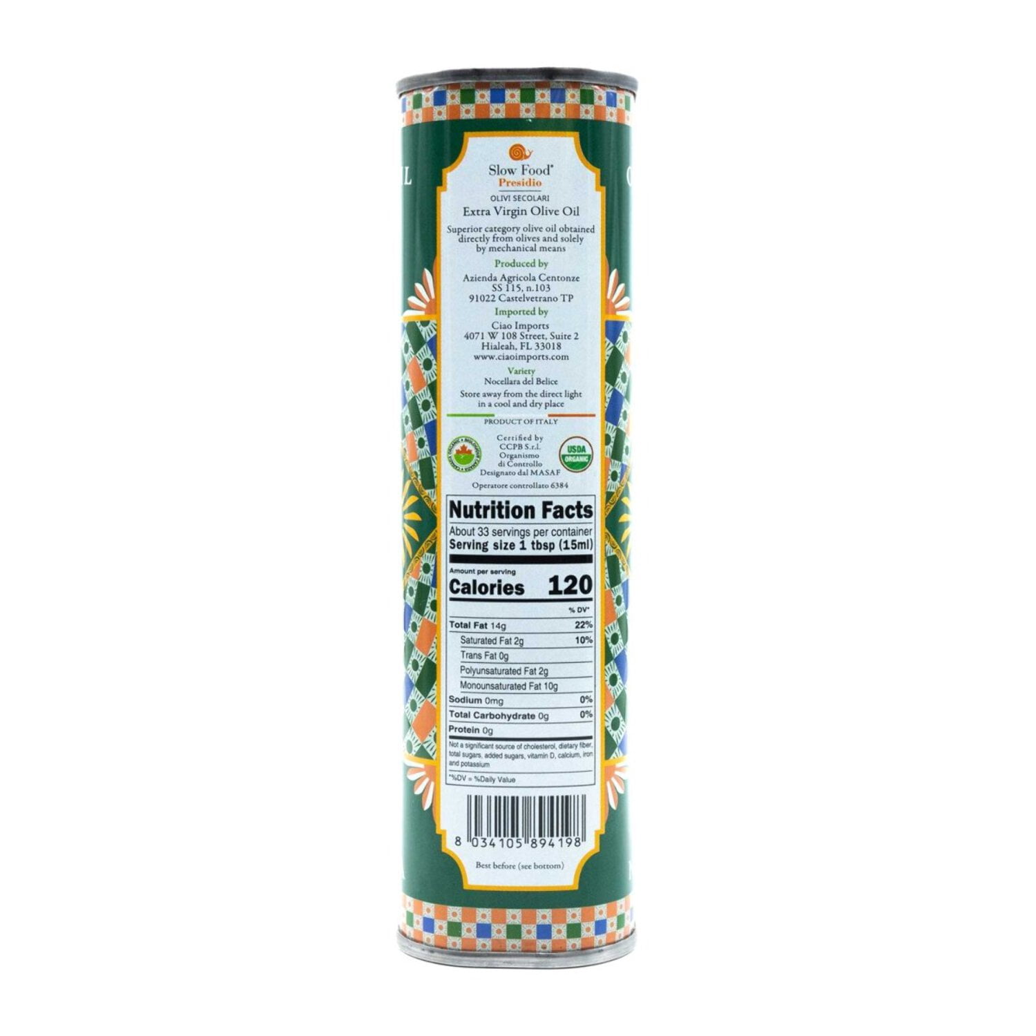 Centonze, 'Case di Latomie' Organic Extra Virgin Olive Oil, Iconic Tin (500ml/16.9 fl oz)