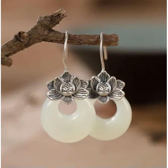 HOOUN White Jade Earrings Donut Carved Lotus Ear Pendant Silver Plated Jewelry