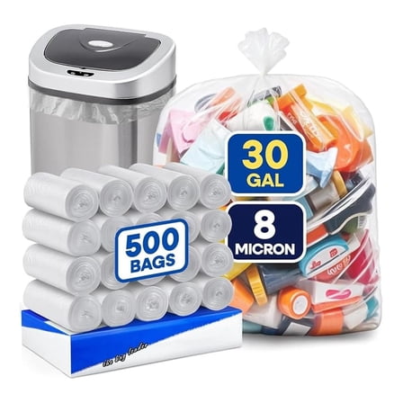 (Pack of 500) Transparent Trash Bags, Clear Trash Bags - 20-30 Gallon, 30"W x 37"L, 8 Micron - Clear Garbage Bags, High-Density Garbage Can Liners, Fits Square and Round Trash Cans