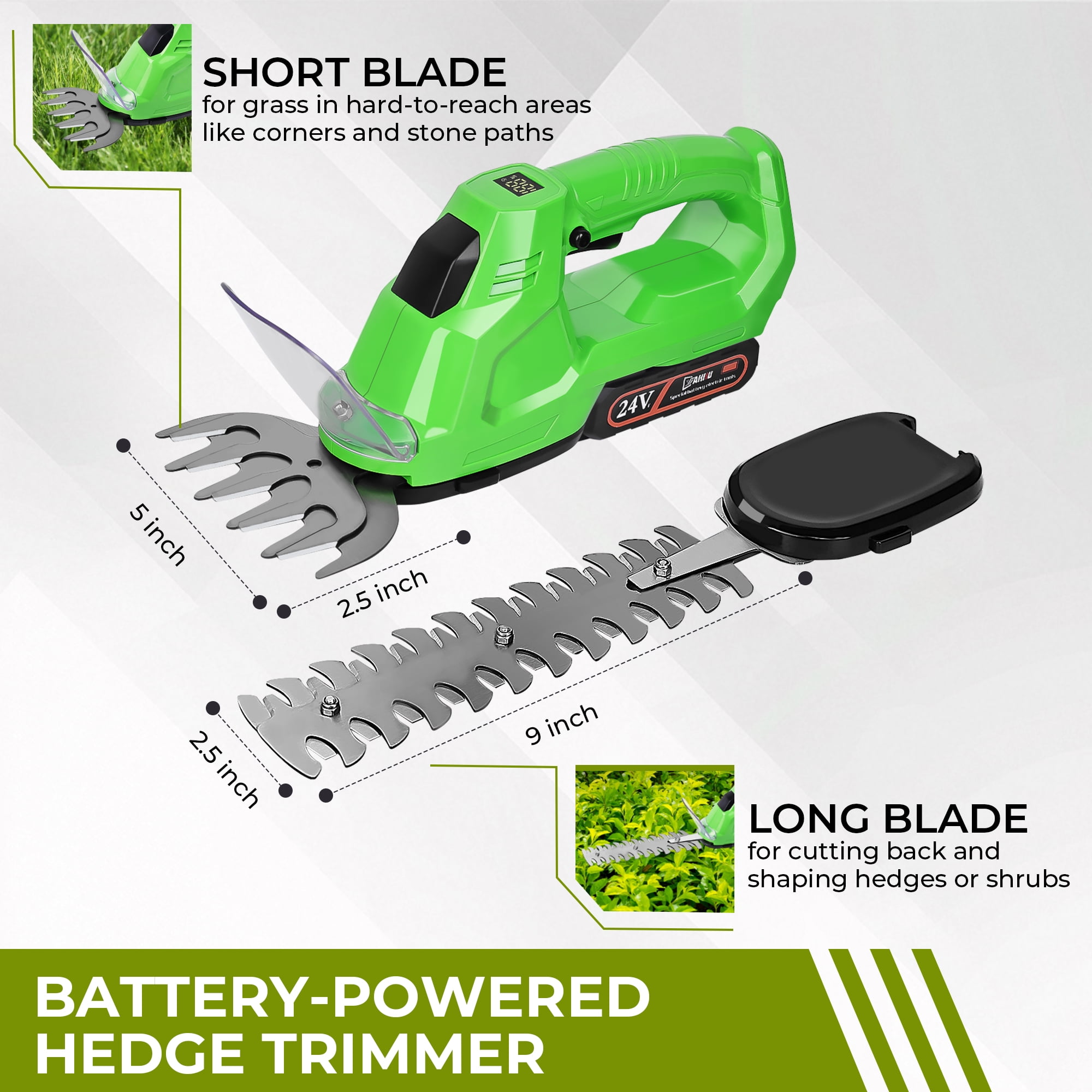 HOTREE Cordless Hedge Trimmer, Grass Shear, 2-in-1 25000 RPM, Battery Level Indicator, for Shrubs, Gardens, Patios, and Lawns