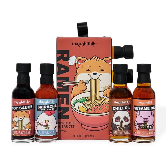 Thoughtfully Gourmet Ramen Seasoning Set, Powder Seasoning with Spicy Oils and Sriracha Sauce, 4 count