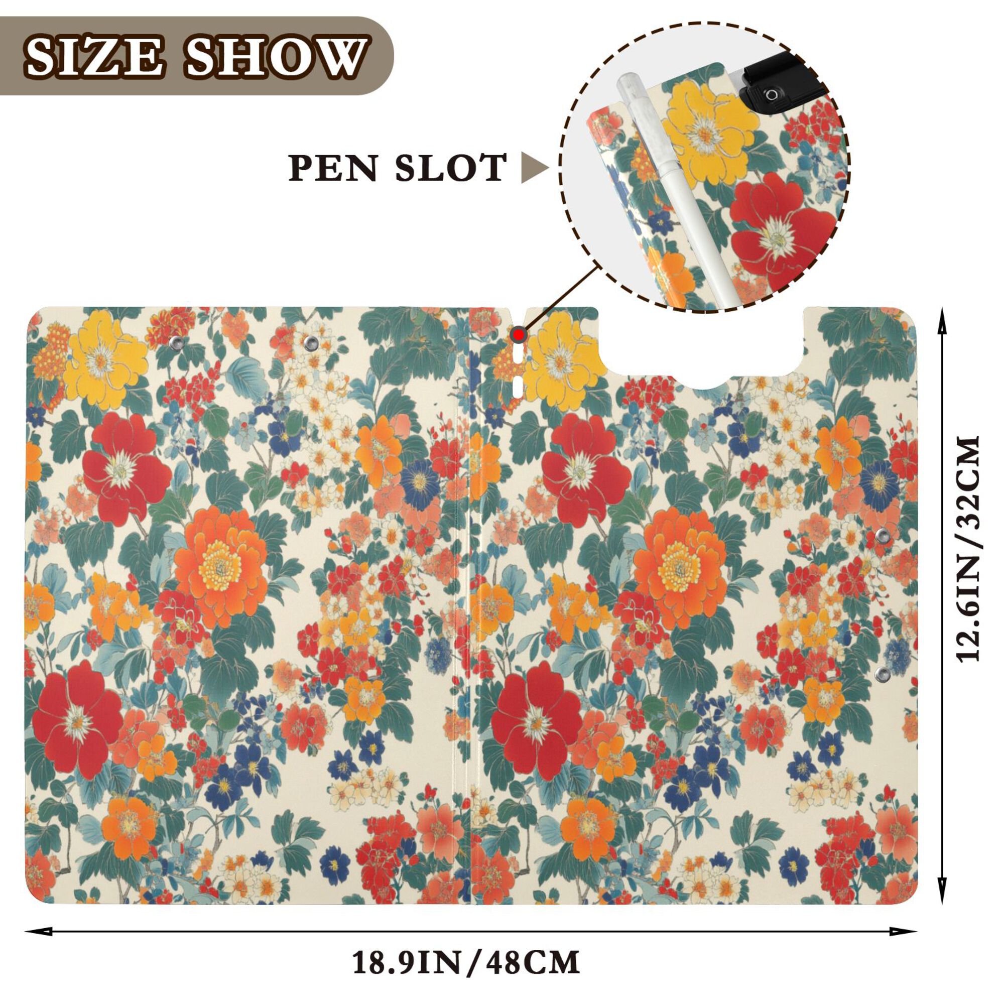 FORMRS A4 Clipboard Folder with Pen Holder Horizontal Foldable School Office Binder, Orange Japanese Flowers Pattern