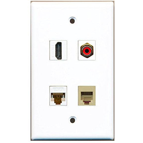 RiteAV - 1 Port HDMI 1 Port RCA Red 1 Port Phone RJ11 RJ12 Beige 1 Port Cat6 Ethernet White Wall Plate