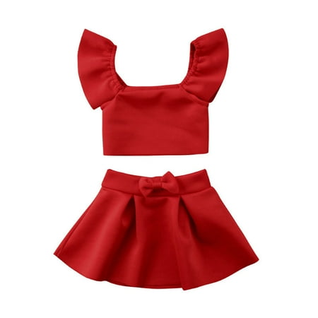 

Mioliknya Baby Girls 2Pcs Outfits Off Shoulder Crop Tops + Bowknot Skirt Suits