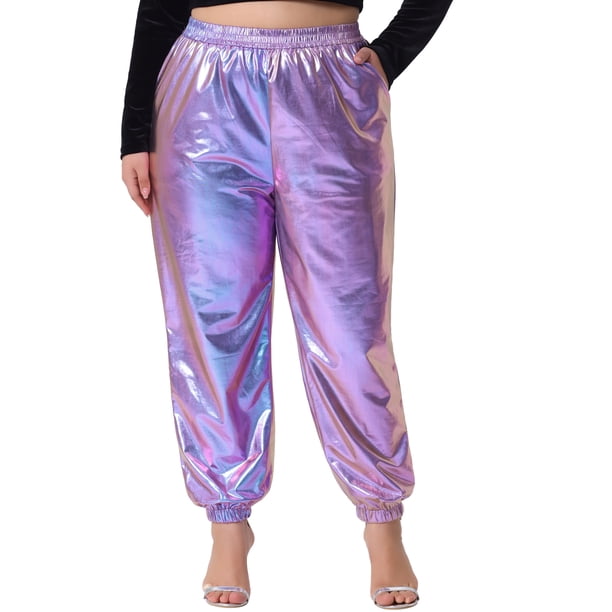 Pantalones jogger de mujer plus size Agnes Orinda, metálicos, brillantes, de cintura alta, elásticos, pantalones holográficos, sudadera 2X púrpura azul