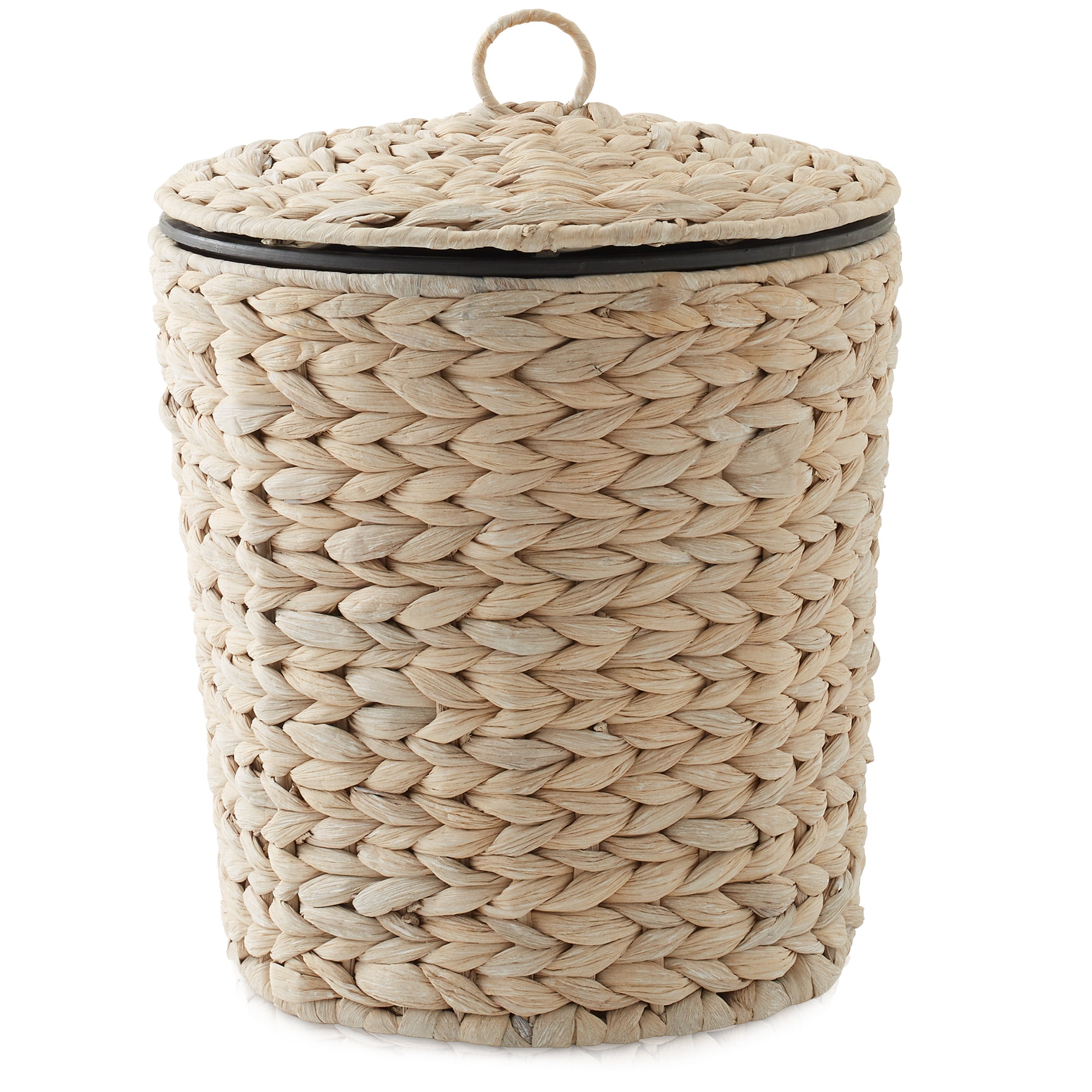 Casafield Hyacinth Trash Can with Lid and Liner, Whitewash White Wicker Waste Basket for Garbage in the Bathroom, Bedroom, Laundry Room, Home Office