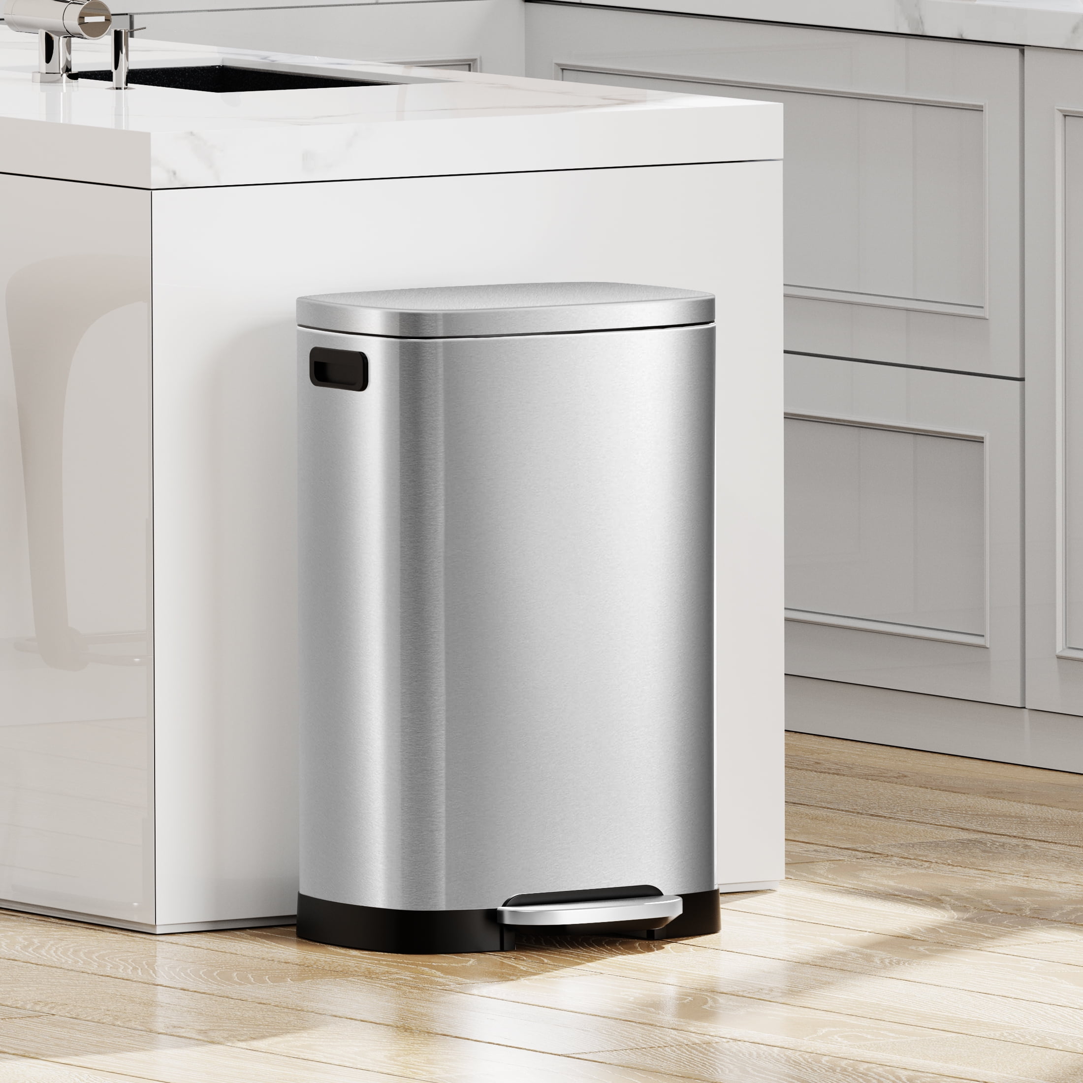 KSSKSS 13 Gallon Trash Can with Lid,Fingerprint-Proof Stainless Steel Kitchen Trash Can with Soft-Close Lid and Removable Inner Bucket,Silver