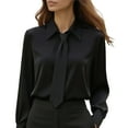 thumbnail image 2 of Dresfit Women's Polo Shirts Satin Dress Shirt with Bow Tie Summer Long Sleeve Collared Office Tops Spring Lightweight Lantern Cuffs Work Tunic Black XL, 2 of 4