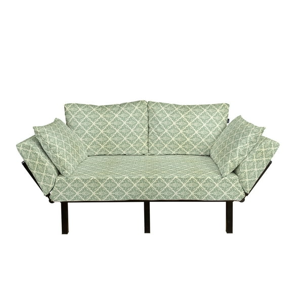 Abstract Green Futon Couch, Continuous Vintage Design Victorian Damask Swirls Pattern, Daybed with Metal Frame Upholstered Sofa for Living Dorm, Loveseat, Jade Green Pastel Green, by Ambesonne