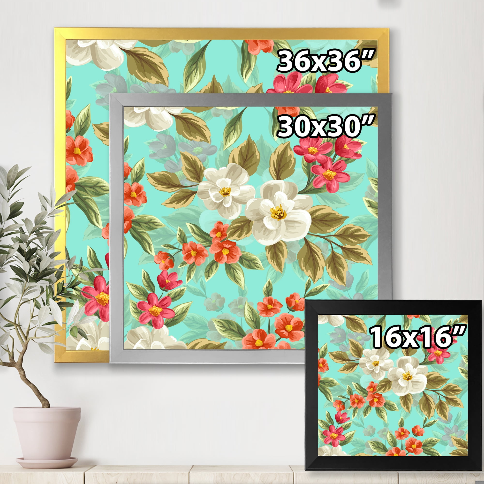 Designart 'Red and White Floral Seamless Pattern' Traditional Framed Art Print