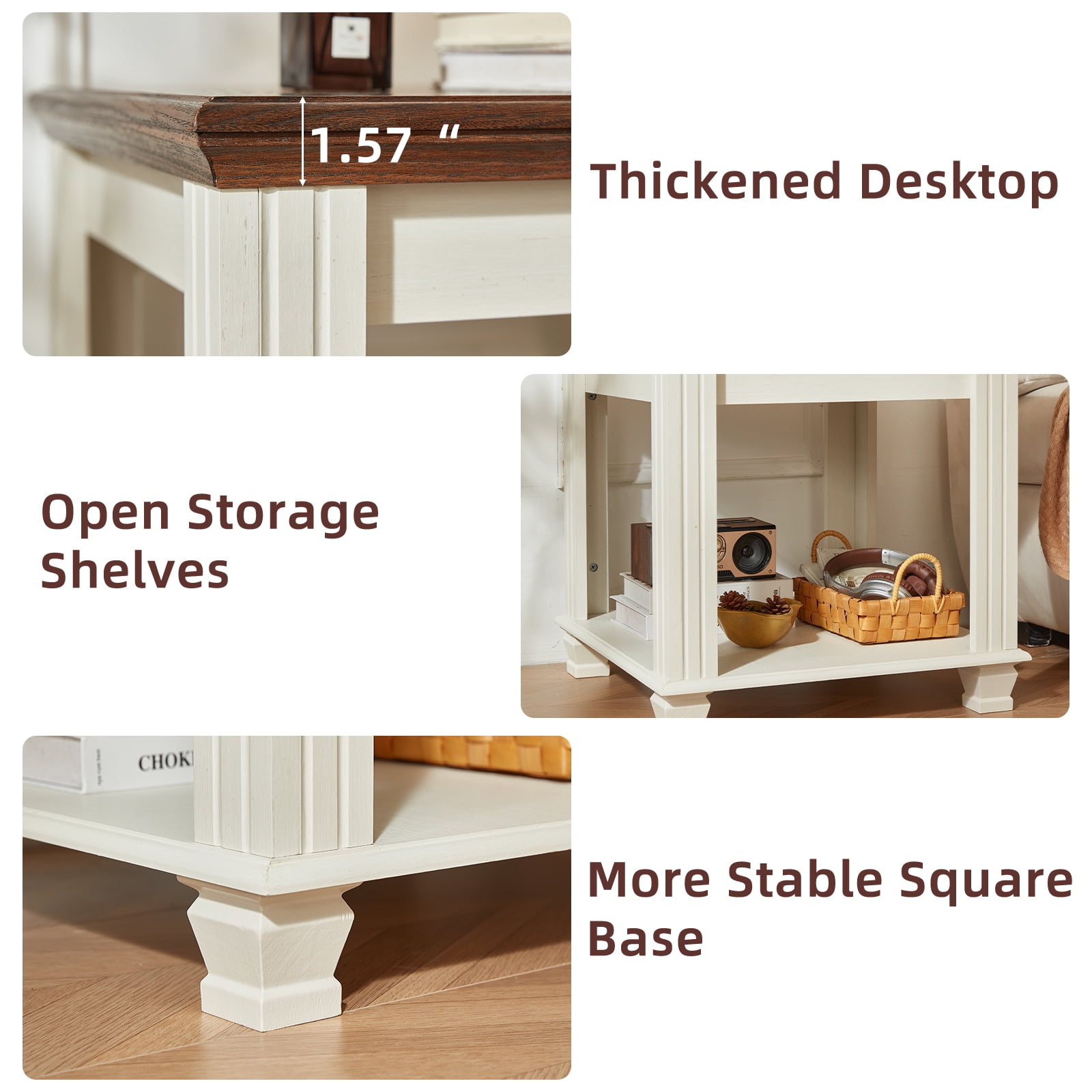 Buildhom Farmhouse End Table Set of 2, Large 2-Tier Side Table with Storage Shelf, Rustic Brown Square Tea Table for Living Room, White