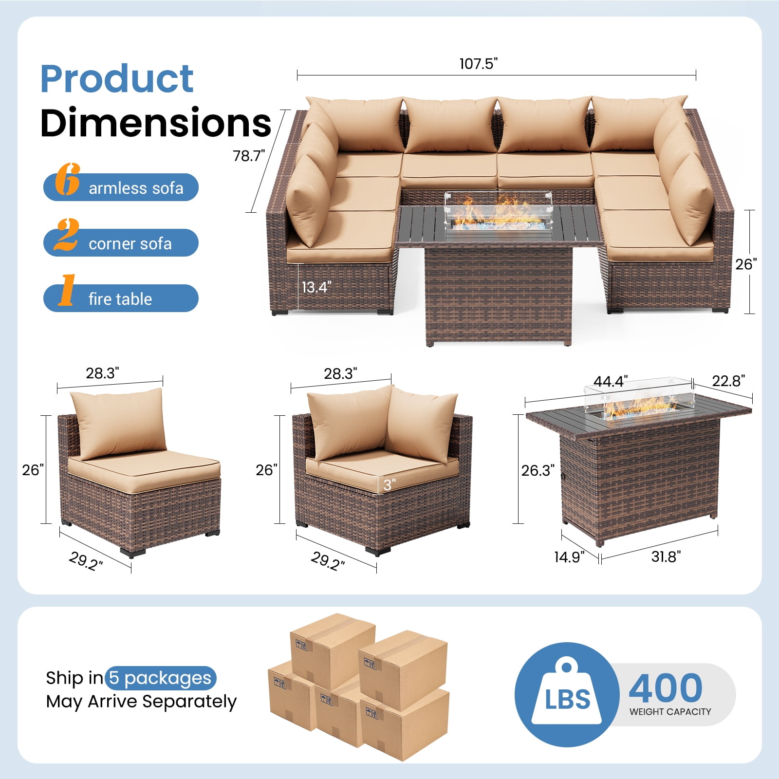 ELPOSUN 9 Pieces Patio Furniture Set All Weather Outdoor Sectional Sofa, Outdoor Modern Sectional Furniture Wicker Couch with Fire Pit Table, Thicken Khaki Cushions, Water Resistant