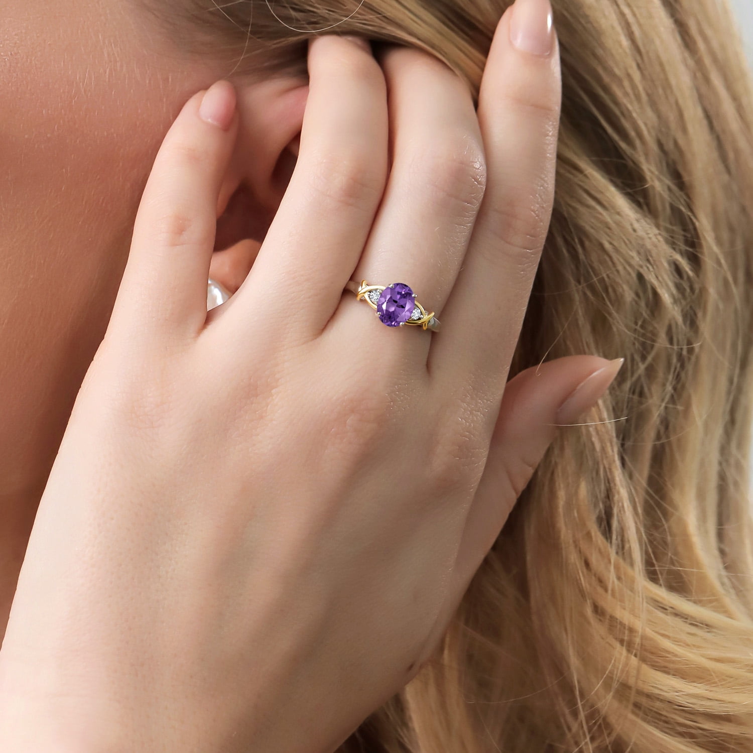 Gem Stone King 2 Tone 10K Yellow Gold and 925 Sterling Silver Purple Amethyst and Lab Grown Diamond Engagement Ring for Women (1.23 Cttw, Gemstone Birthstone, Available in Size 5, 6, 7, 8, 9)