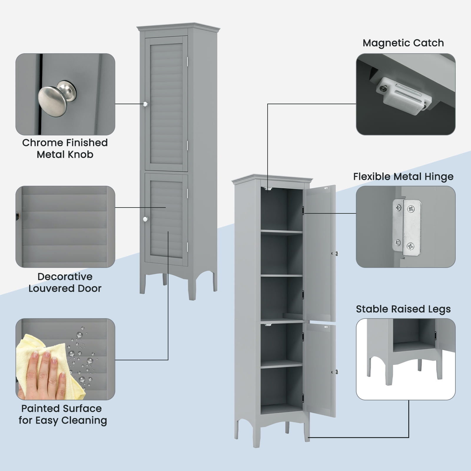Topbuy Freestanding Bathroom Storage Cabinet Tall Narrow Storage Cabinet with 1 Adjustable Shelf 1 Drawer and 2 Doors Gray