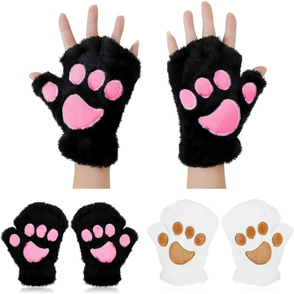 2Pairs Cat Claw Paw Winter Plush Half Finger Gloves Mitten For Girls