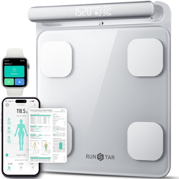 RunStar 8-Electrode Smart Scale for Body Weight and Fat BMI & Muscle Mass, Hidden LED Screen on Handle, APP Sync 28 Metrics, 400lb, Silver