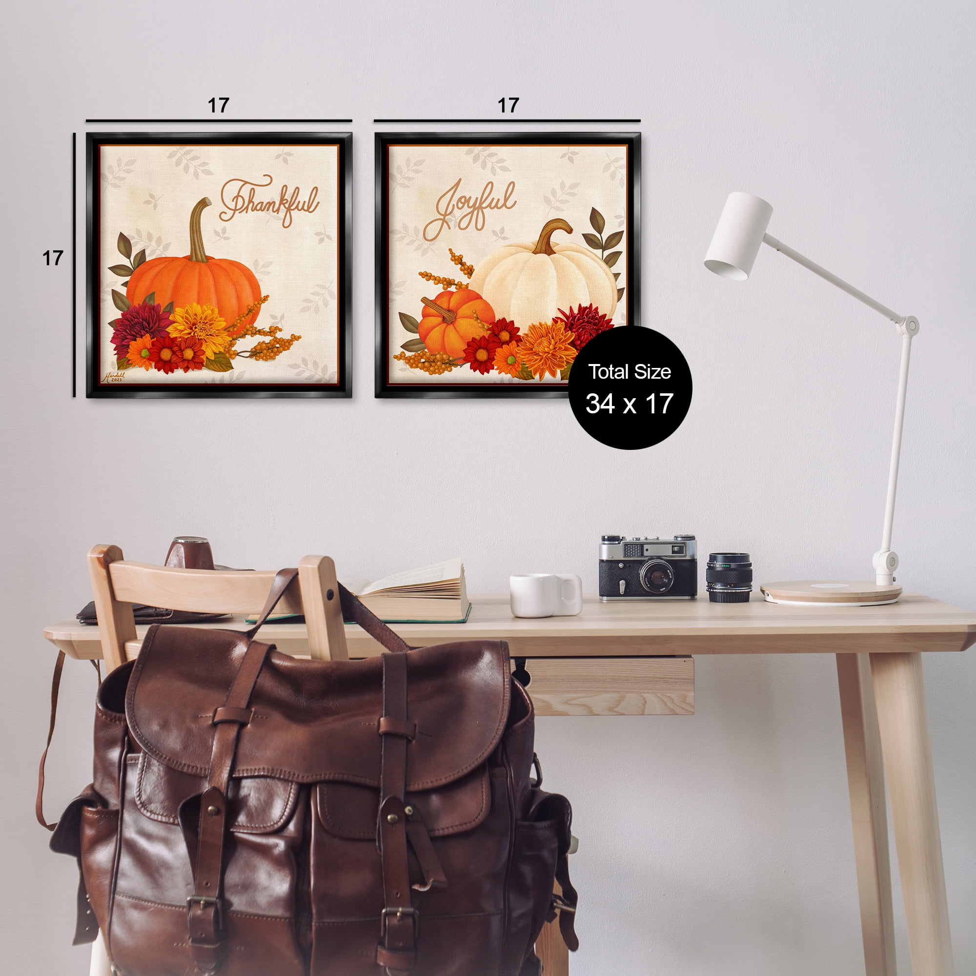 Stupell Industries Joyful Thankful Sentiment Pumpkin Holiday Painting Black Floater Framed Canvas Art Prints Wall Art, 18 x 18, Set of 2