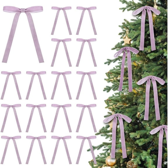 24 Pcs Velvet Bows Christmas Tree Ornaments Vintage Velvet Ribbon Bows for Tree Garland Wreath Indoor Xmas Decorations(5 x 7 Inch, Width of 5/8",Light Purple)