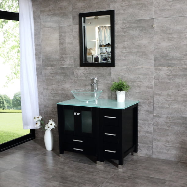 Wonline 36" Bathroom Vanity Cabinet w/ Tempered Glass Vessel Sink/ Countertop & Mirror - Walmart ...