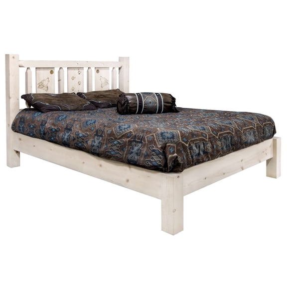 Homestead Collection Queen Platform Bed w/ Laser Engraved Wolf Design, Clear Lacquer Finish