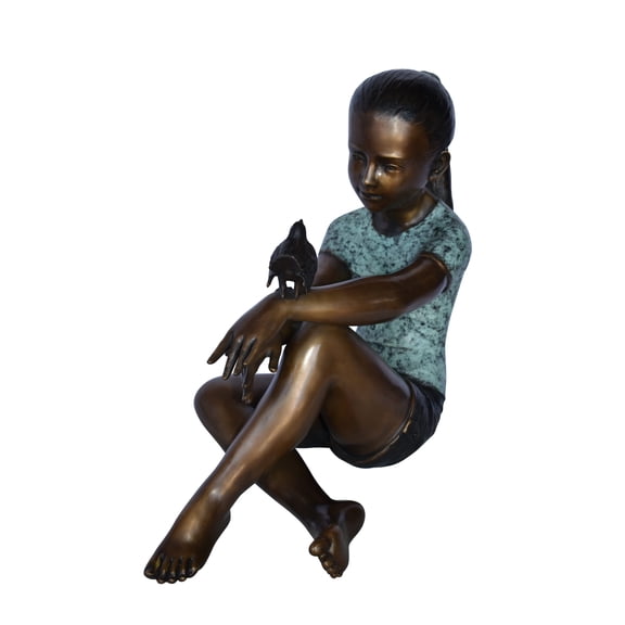 Nifao Girl Sitting with A Bird on Her Hand Bronze Statue – Home Office Decor Sculpture, 23"L x 13"W x 21"H