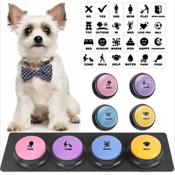 Dog Buttons for Communication, 4 Dog Talking Button Set, Speaking Buttons for Cats and Dogs, 30s Voice Recordable Pet Training Buzzer with Waterproof Dog Activity Mat