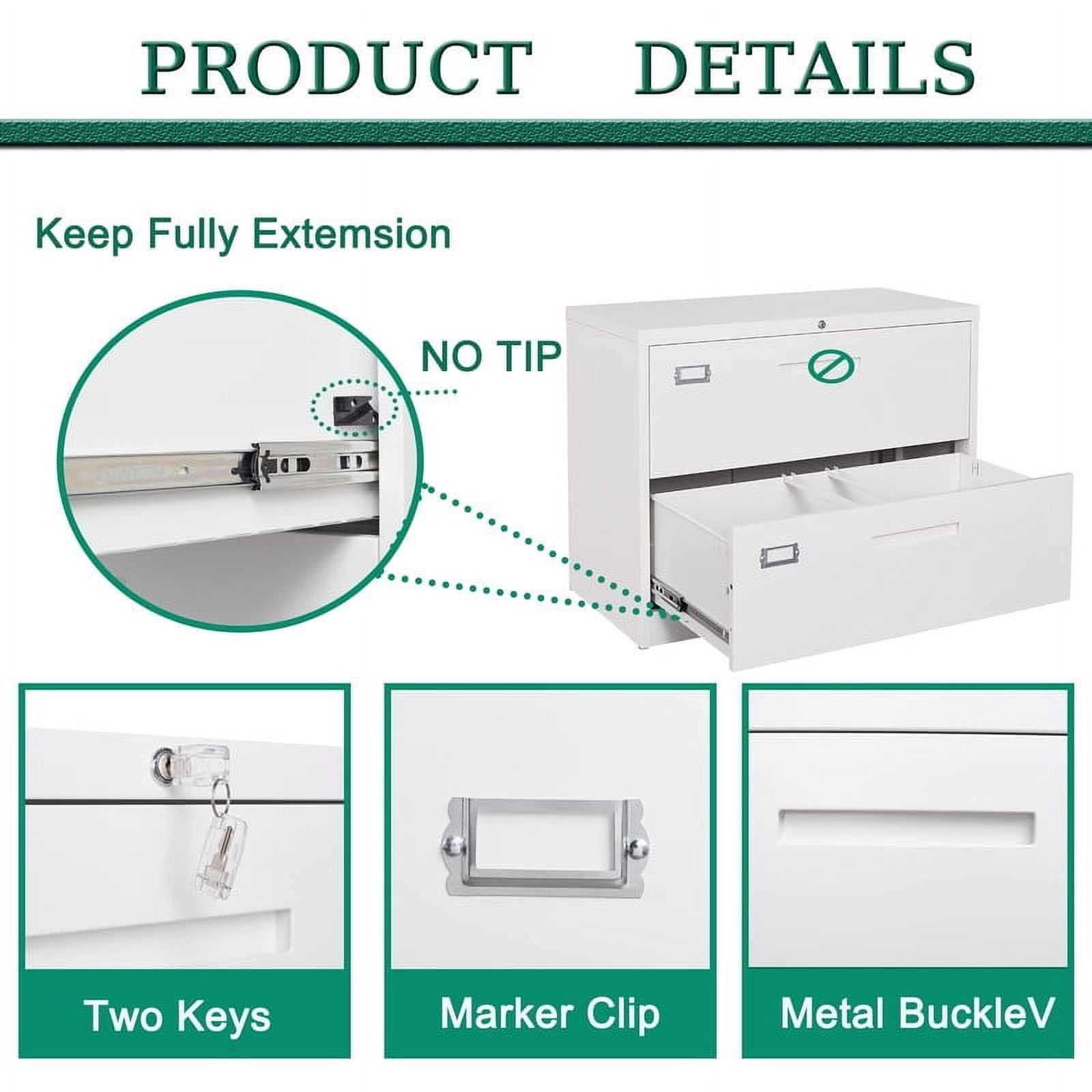MIIIKO 2 Drawer Lateral File Cabinet with Lock, White Lateral Filing Cabinet for Legal/Letter A4 Size, Locking Wide File Cabinet for Home Office, Metal